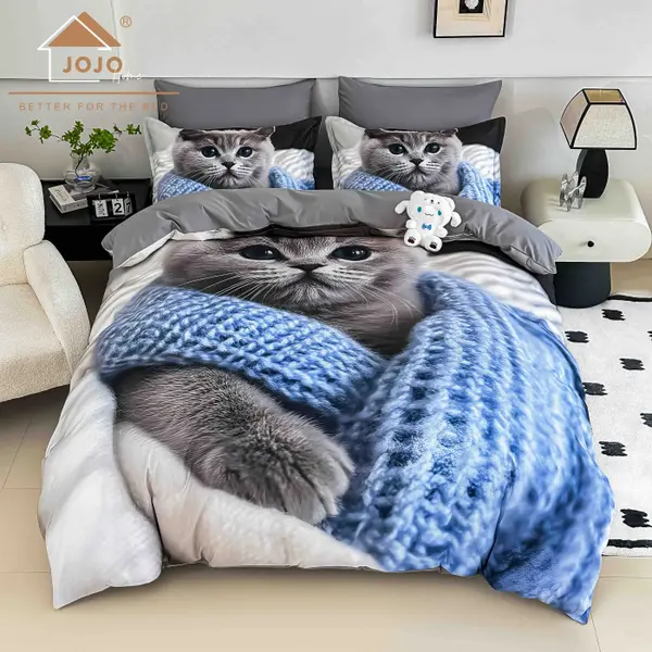 Lenjerie de Pat Bumbac Finet 5D 6 Piese cu Elastic 180x200 , Blue Cuddle Kitty