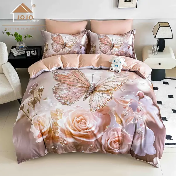 Lenjerie de Pat Bumbac Finet 5D 6 Piese cu Elastic 180x200 , Blush Butterfly