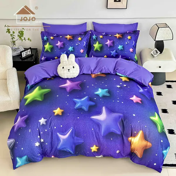 Lenjerie de Pat Bumbac Finet 5D 6 Piese cu Elastic 180x200 , Cosmic Stars