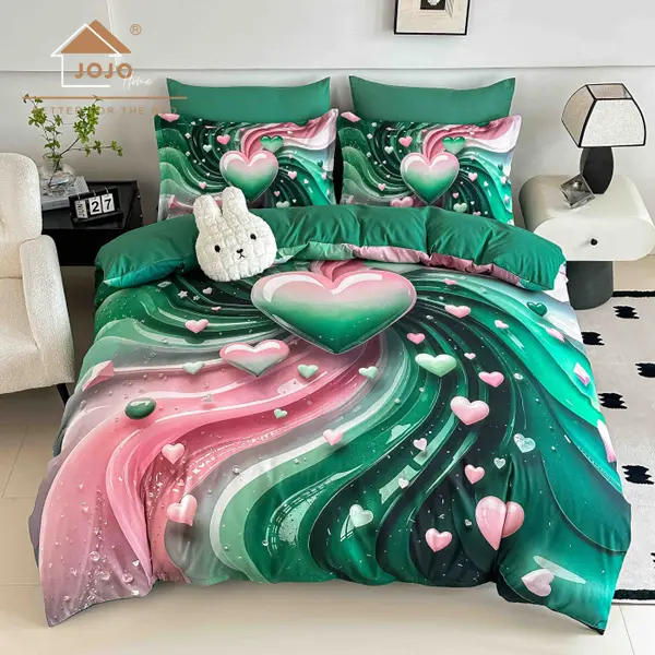 Lenjerie de Pat Bumbac Finet 5D 6 Piese cu Elastic 180x200 , Emerald Hearts