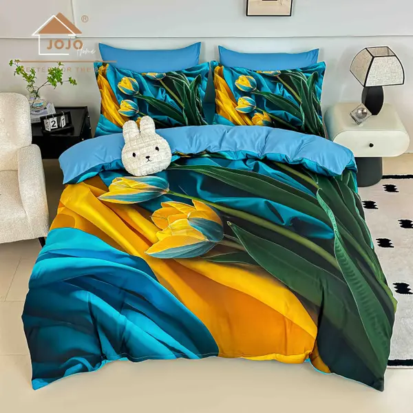 Lenjerie de Pat Bumbac Finet 5D 6 Piese cu Elastic 180x200 , Golden Tulips