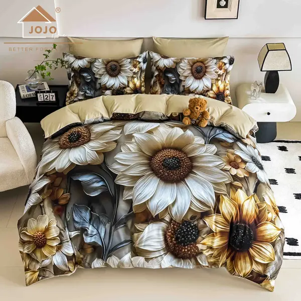 Lenjerie de Pat Bumbac Finet 5D 6 Piese cu Elastic 180x200 , Golden Sunflower