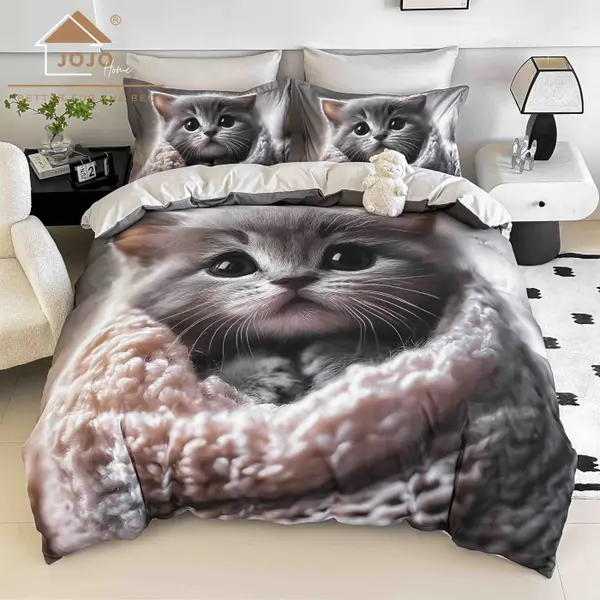 Lenjerie de Pat Bumbac Finet 5D 6 Piese cu Elastic 180x200 , Kitty Cuddle