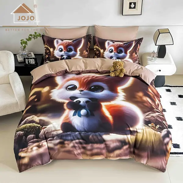 Lenjerie de Pat Bumbac Finet 5D 6 Piese cu Elastic 180x200 , Little Fox