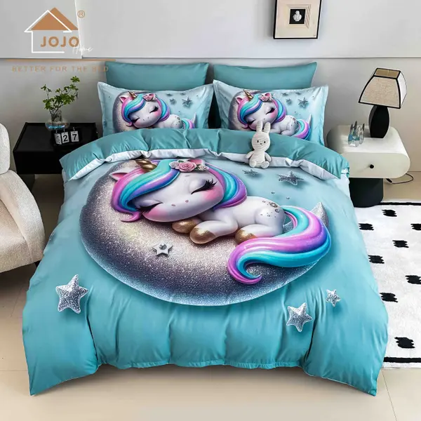 Lenjerie de Pat Bumbac Finet 5D 6 Piese cu Elastic 180x200 , Moon Unicorn