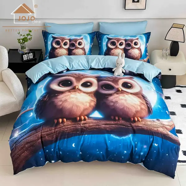 Lenjerie de Pat Bumbac Finet 5D 6 Piese cu Elastic 180x200 , Moon Owls