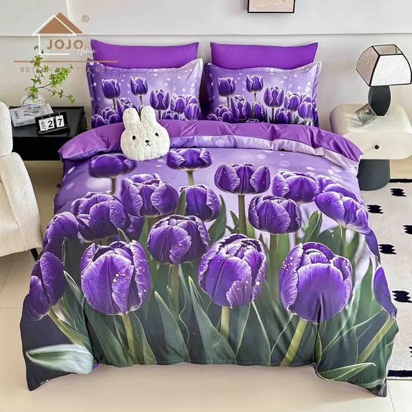 Lenjerie de Pat Bumbac Finet 5D 6 Piese cu Elastic 180x200 , Purple Tulips