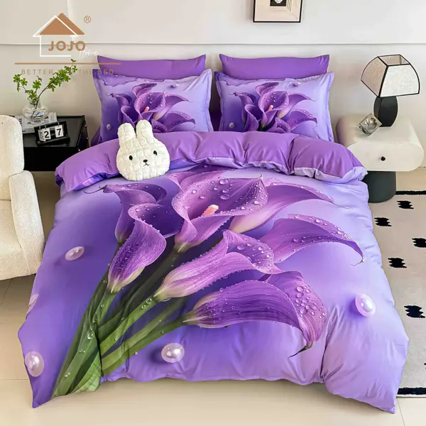 Lenjerie de Pat Bumbac Finet 5D 6 Piese cu Elastic 180x200 , Purple Calla
