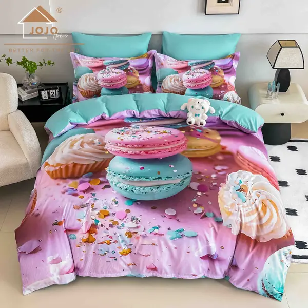 Lenjerie de Pat Bumbac Finet 5D 6 Piese cu Elastic 180x200 , Sweet Macarons