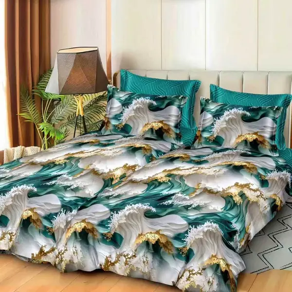 Lenjerie de pat cu 2 cearsafuri pt. pilota, 7 piese, Bumbac Satinat Superior, Verde, Gri, abstract
