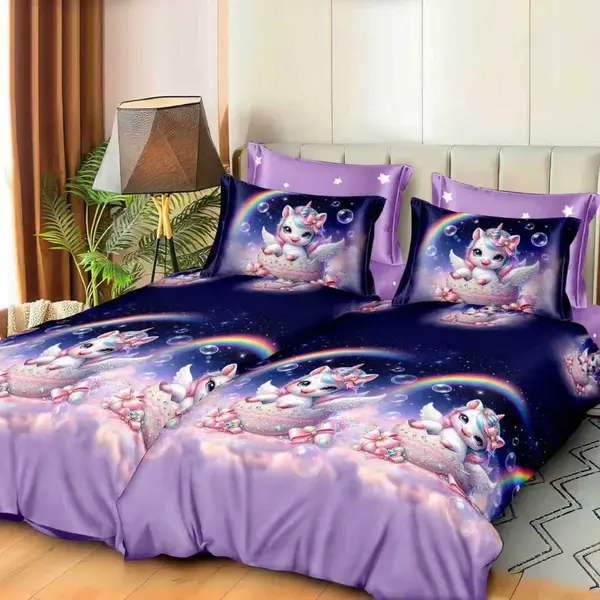 Lenjerie de pat cu 2 cearsafuri pt. pilota, 7 piese, Bumbac Satinat Superior, Albastru, unicorni