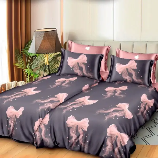 Lenjerie de pat cu 2 cearsafuri pt. pilota, 7 piese, Bumbac Satinat Superior, Gri, Roz, fundite