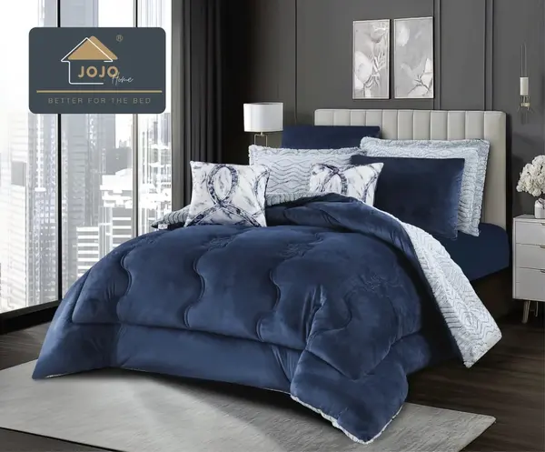 Lenjerie de pat cu Pilota Inclusa, Jojo Home, Cearceaf cu Elastic, 6 Piese, Blana de Iepure Artificiala si Catifea, Bleumarin