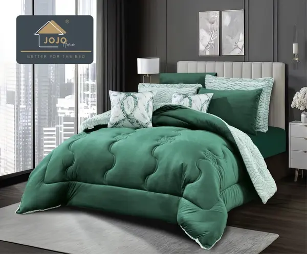 Lenjerie de pat cu Pilota Inclusa, Jojo Home, Cearceaf cu Elastic, 6 Piese, Blana de Iepure Artificiala si Catifea, Verde