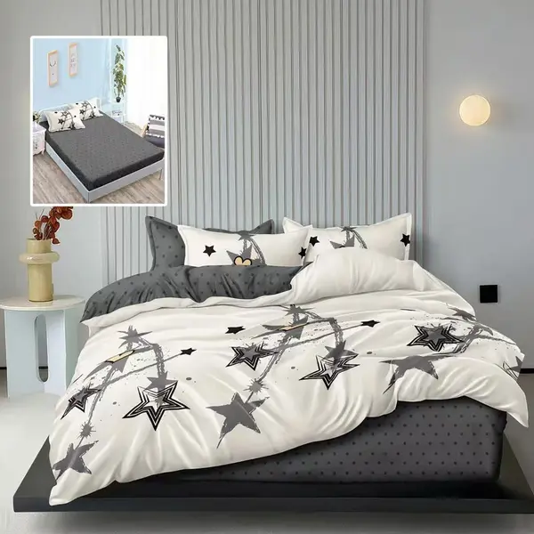 Lenjerie de pat din finet cu 6 piese, cearceaf pat cu elastic, cearceaf pilota 200 x 230 cm, 2 fete perna 50 x 70 cm si 2 fete perna 70 x 70 cm stelute