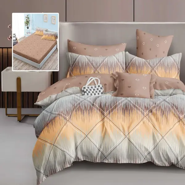 Lenjerie de pat din finet cu 6 piese, cearceaf pat cu elastic, cearceaf pilota 200 x 230 cm, 2 fete perna 50 x 70 cm si 2 fete perna 70 x 70 cm model cu inimioare crem