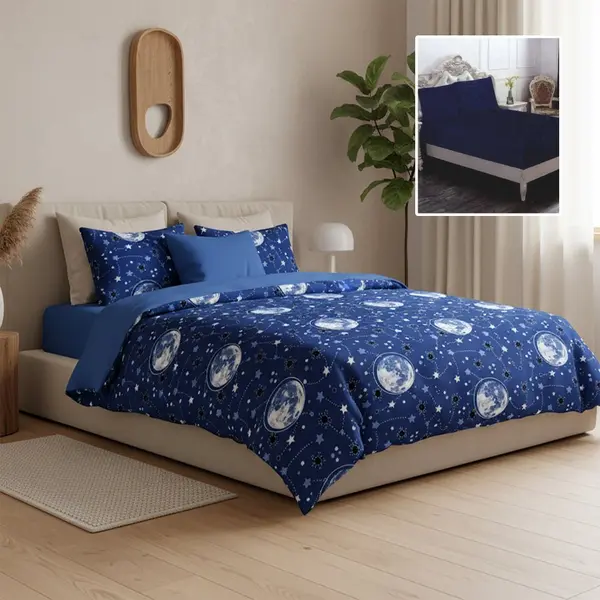 Lenjerie de pat din finet cu 6 piese, cearceaf pat cu elastic, cearceaf pilota 200 x 230 cm, 2 fete perna 50 x 70 cm si 2 fete perna 70 x 70 cm Galaxy