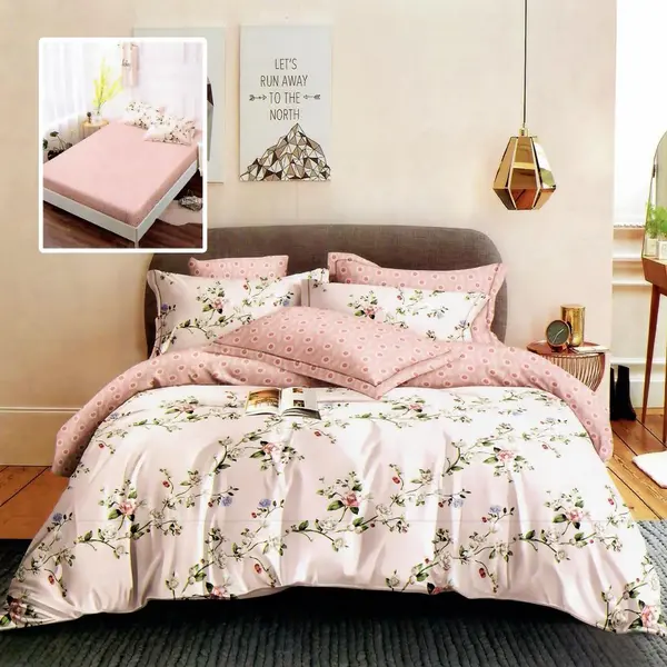 Lenjerie de pat din finet cu 6 piese, cearceaf pat cu elastic, cearceaf pilota 200 x 230 cm, 2 fete perna 50 x 70 cm si 2 fete perna 70 x 70 cm model flori roz