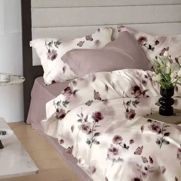 Lenjerie de pat din finet Somnart 6 piese, cearceaf de pat cu elastic Extra Burgundy Blossom