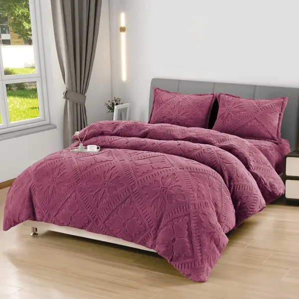 Lenjerie de Pat Dublu, CoCoLiNo Ultra Pufoasa, 4 piese, Cearsaf cu ELASTIC, Model Traditional 3D, Roz inchis