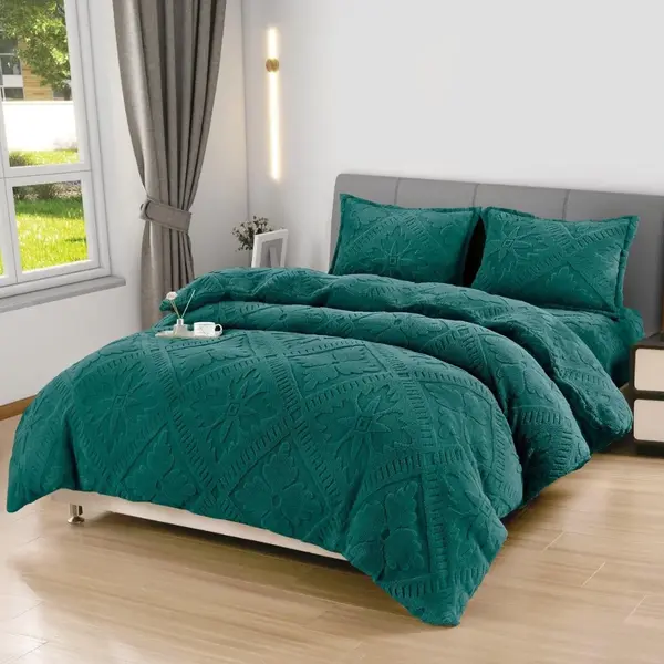 Lenjerie de Pat Dublu, CoCoLiNo Ultra Pufoasa, 4 piese, Cearsaf cu ELASTIC, Model Traditional 3D, Verde