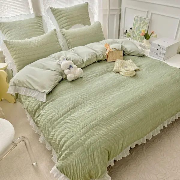 Lenjerie de Pat Dublu Finet Creponat Uni cu VolanaE e, 6 Piese, 230x250 cm , Verde