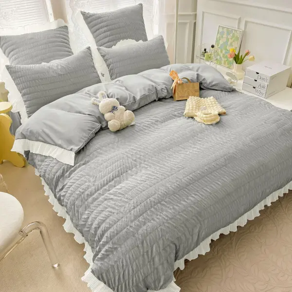 Lenjerie de Pat Dublu Finet Creponat Uni cu Volanase, 6 Piese, 230x250 cm , Gri deschis
