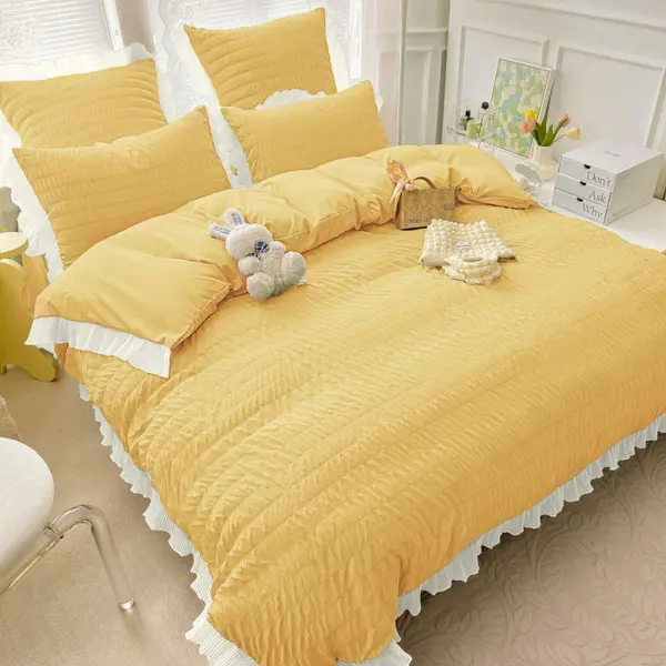 Lenjerie de Pat Dublu Finet Creponat Uni cu Volanase, 6 Piese, 230x250 cm , Galben