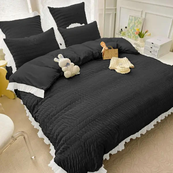 Lenjerie de Pat Dublu Finet Creponat Uni cu Volanase, 6 Piese, 230x250 cm , Negru