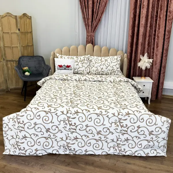 Lenjerie de Pat Dublu, Policoton Ranforsat, 4 piese, Atelier Cumparamisim, Alb, Maro, model clasic