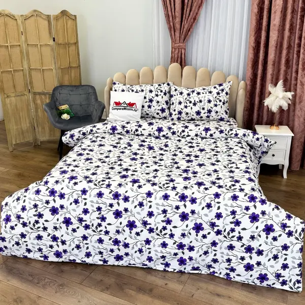 Lenjerie de Pat Dublu, Policoton Ranforsat, 4 piese, Atelier Cumparamisim, Alb, Mov, Floricele