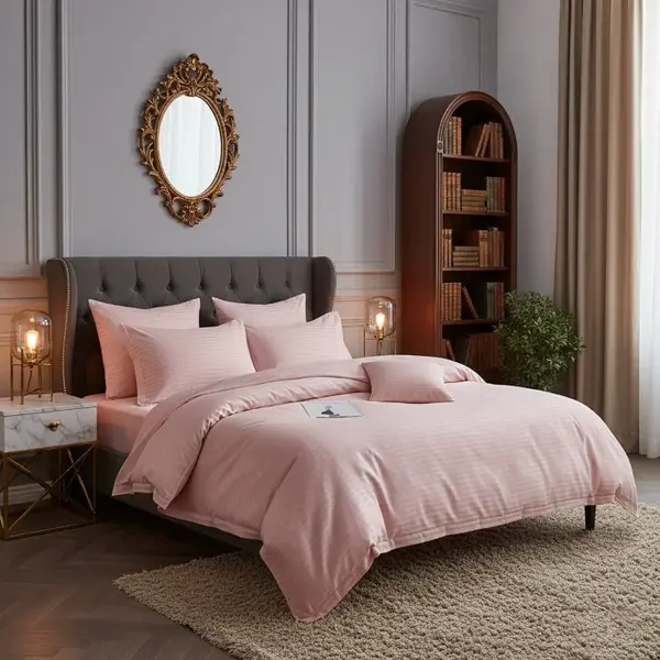 Lenjerie de pat pentru 1 persoana, Bumbac Damasc 100%, 3 piese, Cearceaf pat 160x240, Cearceaf pilota 150x210, Fete de perne 50x70, roz pudra
