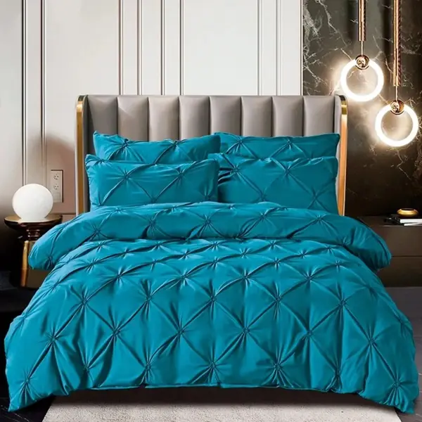 Lenjerie de Pat Premium, JOJO HOME, Finet cu Pliuri Brodate, 6 Piese, cu ELASTIC, Nesifonabila si Durabila, Turquoise