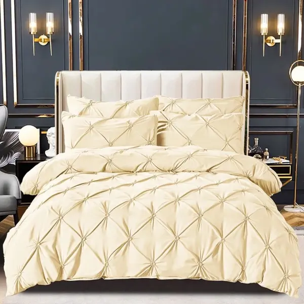 Lenjerie de Pat Premium, JOJO HOME, Finet cu Pliuri Brodate, 6 Piese, cu ELASTIC, Nesifonabila si Durabila, Crem