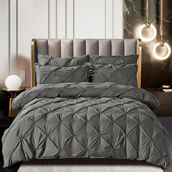 Lenjerie de Pat Premium, JOJO HOME, Finet cu Pliuri Brodate, 6 Piese, cu ELASTIC, Nesifonabila si Durabila, Gri inchis