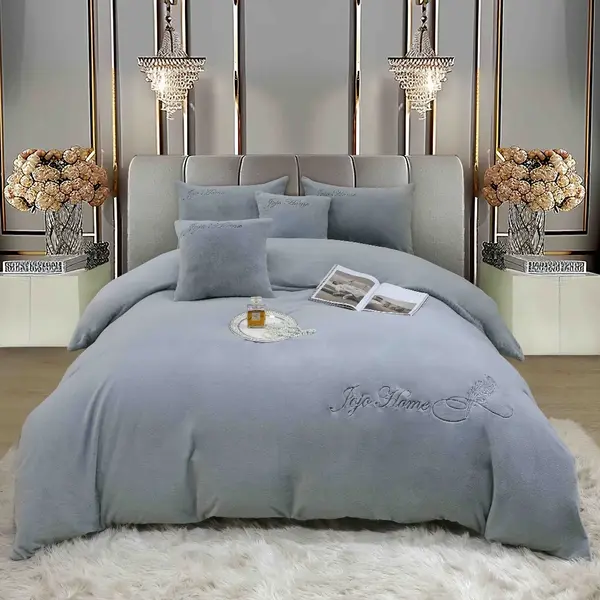 Lenjerie de pat, Soft Touch, Jojo Home, cu Blanita Short Hair, Rabbit, 200x230 cm, 6 piese, Gri deschis
