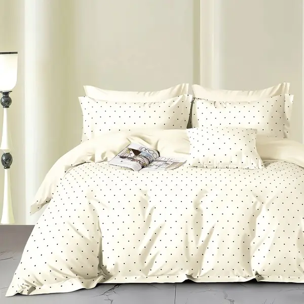Lenjerie de pat Somnart Percale cu 4 piese, cearceaf pat clasic 240 x 260 cm, cearceaf pilota 200 x 230 cm si 2 fete perna 50 x 70 cm model cu buline
