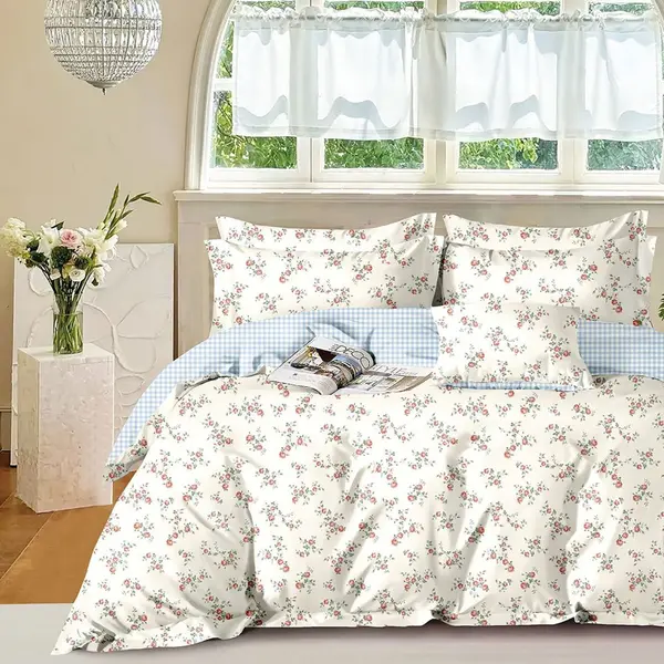 Lenjerie de pat Somnart Percale cu 4 piese, cearceaf pat clasic 240 x 260 cm, cearceaf pilota 200 x 230 cm si 2 fete perna 50 x 70 cm model floricele
