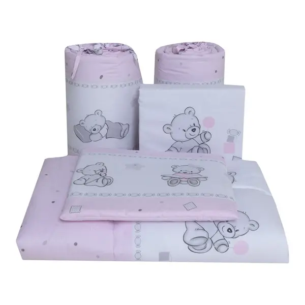Lenjerie din bumbac cu 3 piese 120x60 cm fete de schimb Beberoyal BearsToys Roz