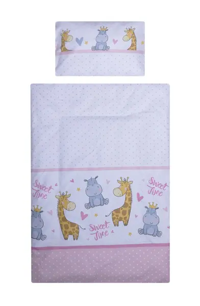 Lenjerie din bumbac cu 5 piese pentru saltea 120x60 cm Beberoyal HippoGiraffe Roz ambalata intr-o gentuta de transport