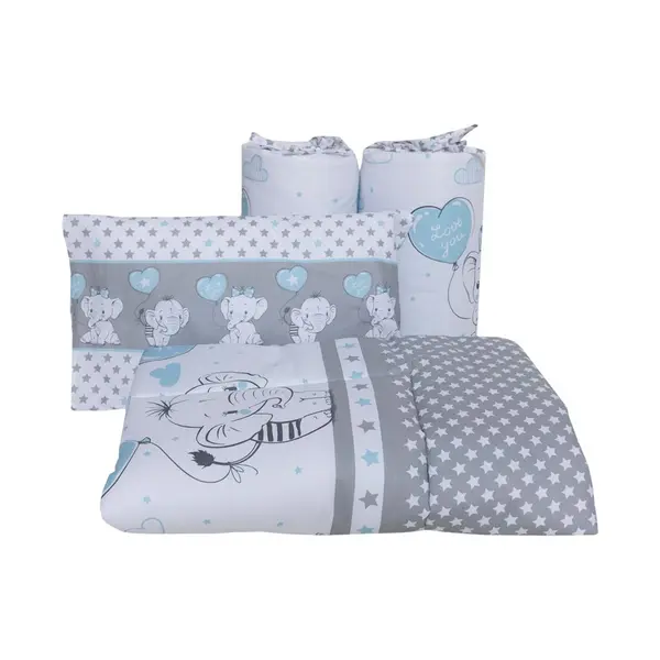 Lenjerie din bumbac cu 6 piese pentru saltea 120x60 cm Beberoyal Love Elephants Blue