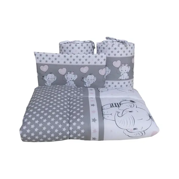 Lenjerie din bumbac cu 6 piese pentru saltea 120x60 cm Beberoyal Love Elephants Roz