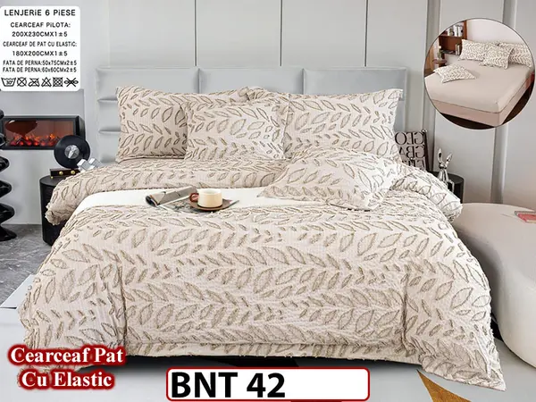 Lenjerie din bumbac fin cu in grofat și lățos 6 piese cu cearceaf elastic -BNT42