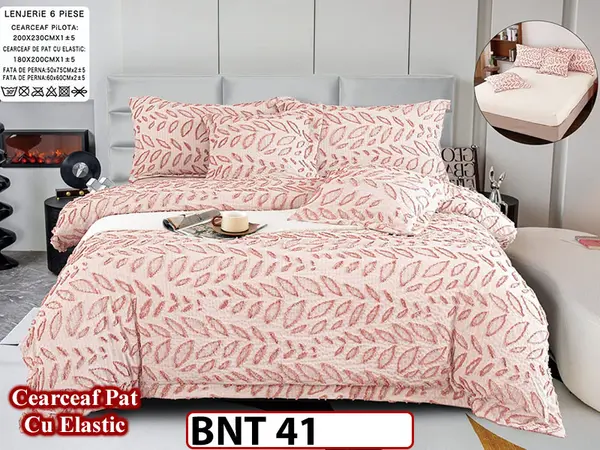 Lenjerie din bumbac fin cu in grofat și lățos 6 piese cu cearceaf elastic -BNT41