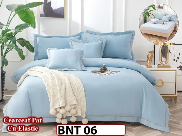 Lenjerie din bumbac neted 6 piese cu cearceaf elastic -BNT06