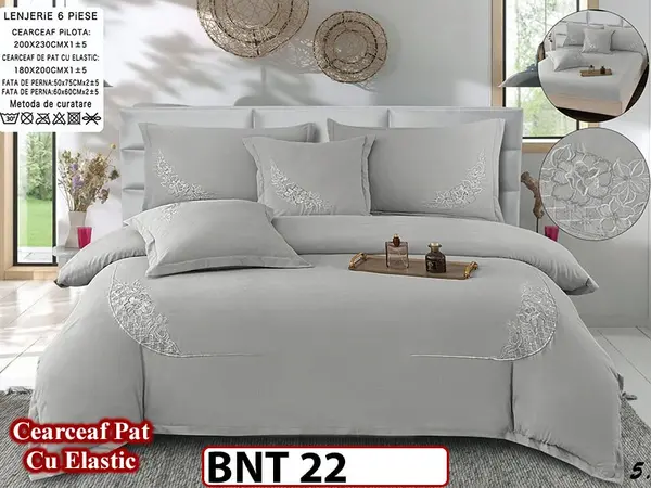 Lenjerie din bumbac neted 6 piese cu cearceaf elastic -BNT22
