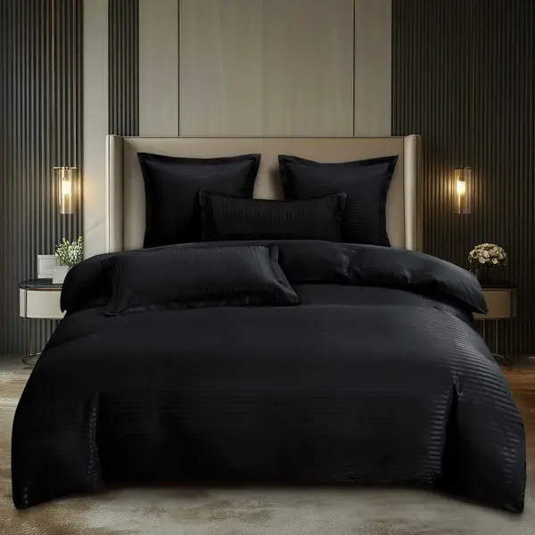 Lenjerie HoReCa, pat dublu, Damasc Finetat Deluxe, 6 piese, Pucioasa, Negru