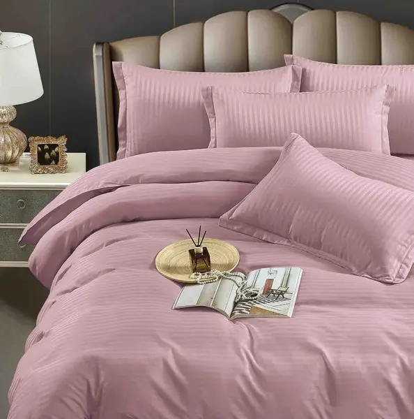 Lenjerie HoReCa, pat dublu, Damasc Finetat Deluxe cu Elastic, 6 piese, Jojo Home, Roz Prafuit