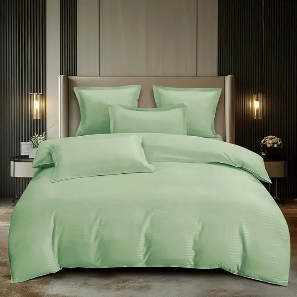 Lenjerie HoReCa, pat dublu, Damasc Finetat Deluxe cu Elastic, 6 piese, Pucioasa, Verde deschis