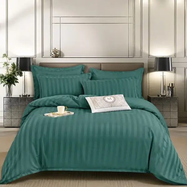 Lenjerie HoReCa, pat dublu, Damasc Finetat Deluxe cu Elastic, 6 piese, Verde